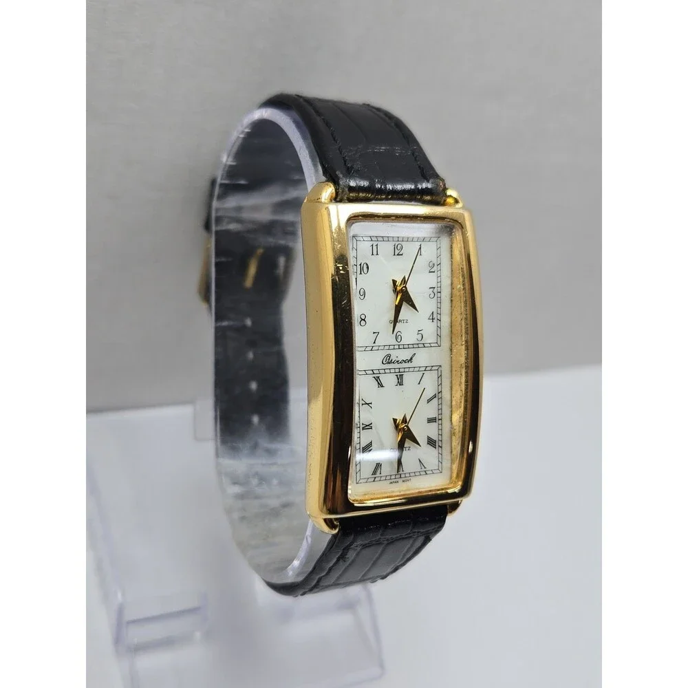 Vintage Osirock Dual Time 26mm Gold Tone Tank Watch Black Leather New Battery
